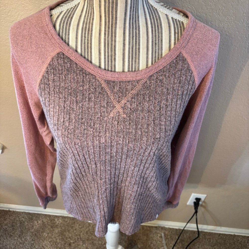 Lucky Brand Top Medium Pink Gray Heathered Knit Long Sleeve Ribbed Cozy Stretch - Picture 2 of 14